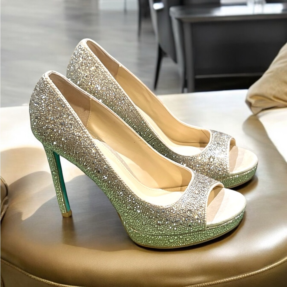 Betsey Johnson Silver Crystal Peep-Toe Platform Pumps - Picture 2 of 6